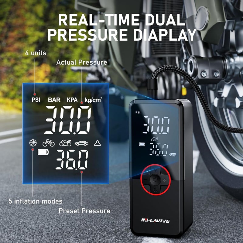 InflaVive Tire Inflator Portable Air Compressor,150PSI Faster Inflation Cordless Tire Air Pump with Digital Gauge,Auto Shut-Off,LED Light,Electric Air Pump for Car Tires,SUV, Motorcycle, Bike, Balls - Image 5